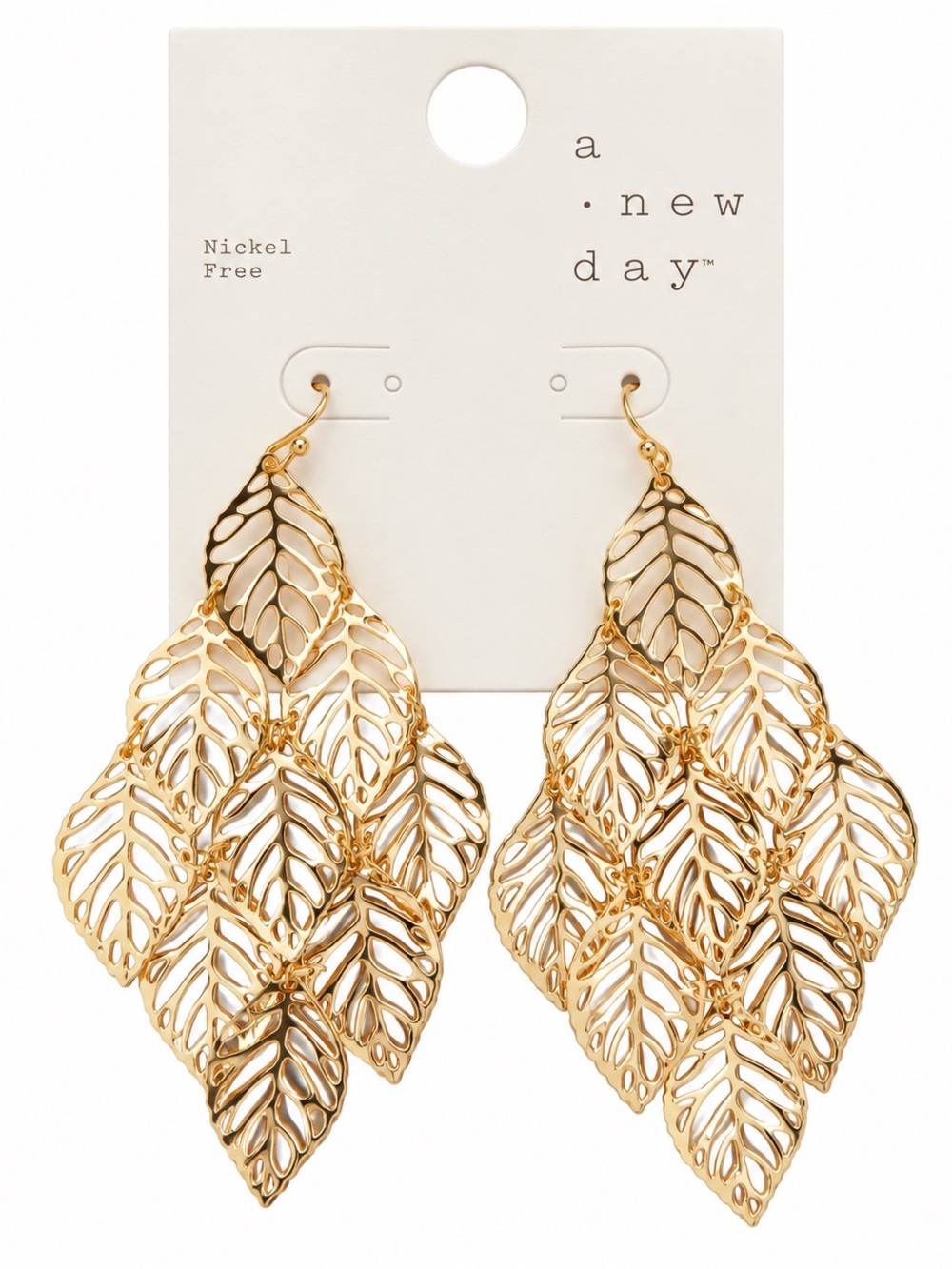 A New Day Gold Tone Layered Leaf Chandelier Earrings Nickel Free